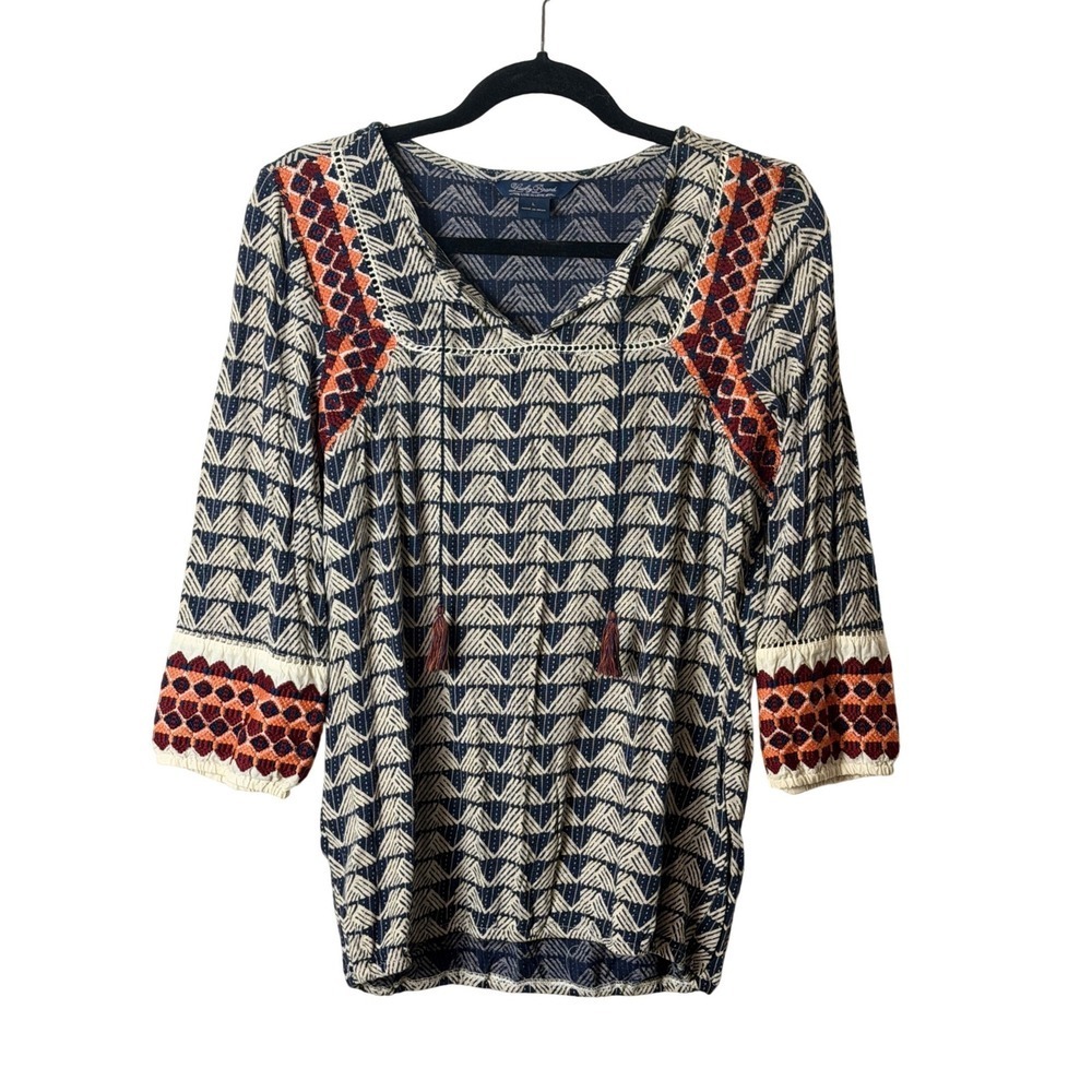 Lucky Brand Womens Boho Embroidered Peasant Top Size L Tribal Tassel